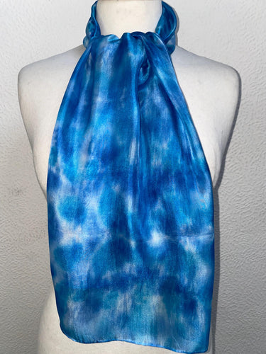 Hand Dyed Silk Neck Scarf in Turquoise Blue Azure White by Designer Silk Artist