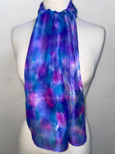 Hand Dyed Silk Neck Scarf in Blue Purple Navy White by Designer Silk Artist