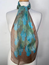 Load image into Gallery viewer, Leaves Design Hand Painted Silk Neck Scarf in Brown Aqua
