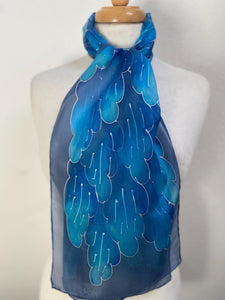 Leaves Design Hand Painted Silk Neck Scarf in Blues
