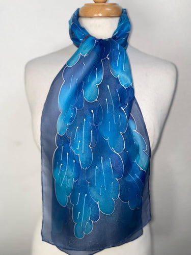 Leaves Design Hand Painted Silk Neck Scarf in Blues