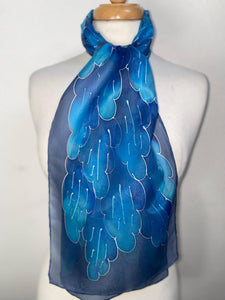 Leaves Design Hand Painted Silk Neck Scarf in Blues