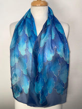 Load image into Gallery viewer, Leaves Design Hand Painted Silk Neck Scarf in Blues
