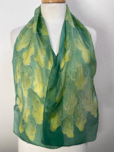 Leaves Design Hand Painted Silk Neck Scarf in Greens