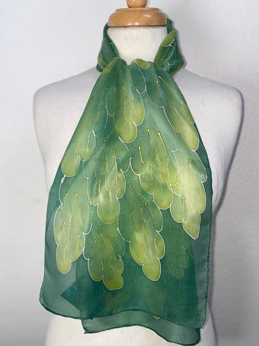 Leaves Design Hand Painted Silk Neck Scarf in Greens
