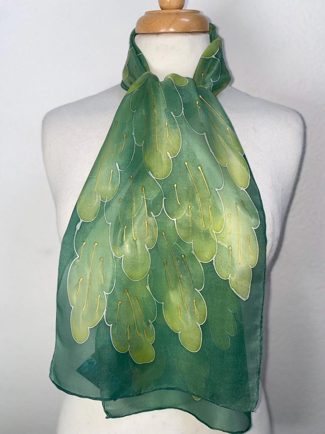 Leaves Design Hand Painted Silk Neck Scarf in Greens