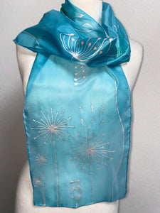 Seed Heads Butterfly Design Hand Painted Silk Neck Scarf in Light Blue, Silver