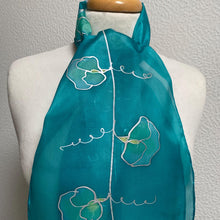 Load image into Gallery viewer, Sweet Peas Design Hand Painted Silk Neck Scarf Turquoise, Silver
