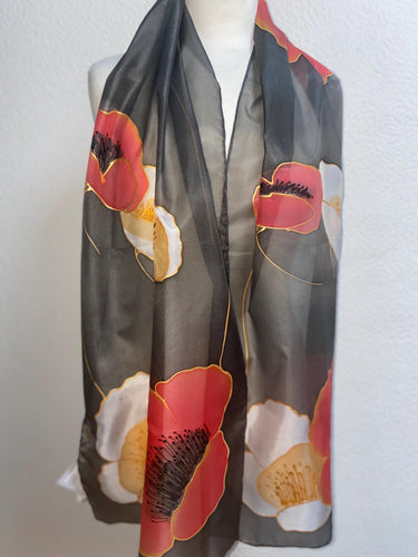 Poppies Design X Long Silk Scarf Red White and Black : Hand Painted Silk