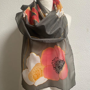 Poppies Design X Long Silk Scarf Red White and Black : Hand Painted Silk