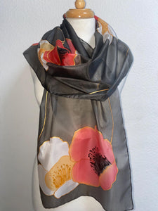 Poppies Design X Long Silk Scarf Red White and Black : Hand Painted Silk