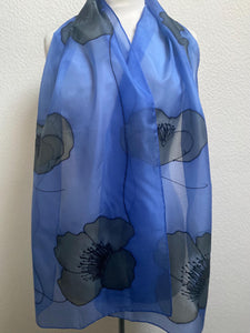 Poppy Noir Design X Long Silk Scarf Cornflower Blue and Black : Hand Painted Silk