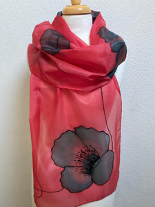 Poppy Noir Design X Long Silk Scarf Scarlet Red and Black : Hand Painted Silk