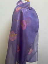Load image into Gallery viewer, Sweet Pea Design Long Scarf : Hand Painted Silk in Light Purple Pink Copper
