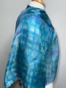 Hand Dyed Silk Neck Scarf in Turquoise Lime Navy Blue by Designer Silk Artist