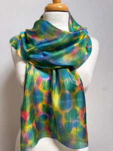 Hand Dyed Silk Neck Scarf in Green Yellow Blue Pink by Designer Silk Artist