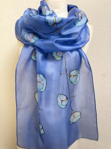 Sweet Peas Design X Long Silk Scarf : Hand Painted Silk in Cornflower Blue
