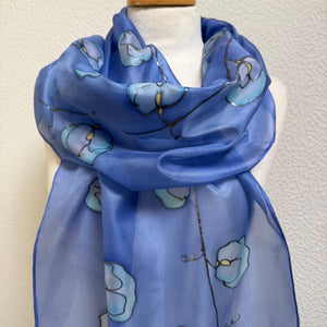 Sweet Peas Design X Long Silk Scarf : Hand Painted Silk in Cornflower Blue