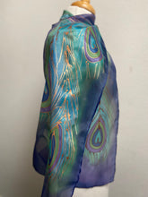 Load image into Gallery viewer, Peacock Feathers Design Hand Painted Silk Neck Scarf in Blue Green Turquoise Copper
