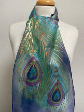 Load image into Gallery viewer, Peacock Feathers Design Hand Painted Silk Neck Scarf in Blue Green Turquoise Copper
