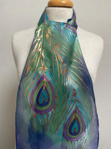 Peacock Feathers Design Hand Painted Silk Neck Scarf in Blue Green Turquoise Copper