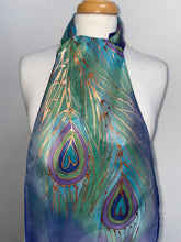 Load image into Gallery viewer, Peacock Feathers Design Hand Painted Silk Neck Scarf in Blue Green Turquoise Copper
