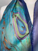 Load image into Gallery viewer, Peacock Feathers Design Hand Painted Silk Neck Scarf in Blue Green Turquoise Copper

