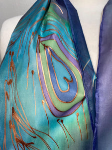 Peacock Feathers Design Hand Painted Silk Neck Scarf in Blue Green Turquoise Copper