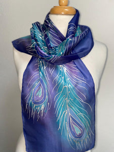 Peacock Feathers Design Hand Painted Silk Neck Scarf in Blue Purple Teal Silver