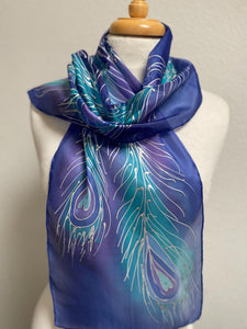 Peacock Feathers Design Hand Painted Silk Neck Scarf in Blue Purple Teal Silver