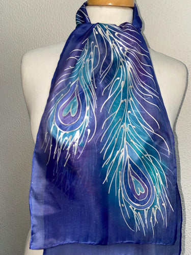 Peacock Feathers Design Hand Painted Silk Neck Scarf in Blue Purple Teal Silver