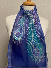 Load image into Gallery viewer, Peacock Feathers Design Hand Painted Silk Neck Scarf in Blue Purple Teal Silver
