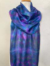 Load image into Gallery viewer, Hand Dyed Long Silk Scarf in Blue Green Purple Pink
