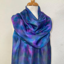 Load image into Gallery viewer, Hand Dyed Long Silk Scarf in Blue Green Purple Pink
