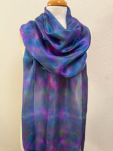 Load image into Gallery viewer, Hand Dyed Long Silk Scarf in Blue Green Purple Pink
