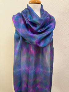 Hand Dyed Long Silk Scarf in Blue Green Purple Pink