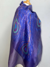 Load image into Gallery viewer, Peacock Feathers Design Long Scarf : Hand Painted Silk in Purple Blues Copper by Designer Silk Artist
