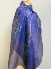 Load image into Gallery viewer, Peacock Feathers Design Long Scarf : Hand Painted Silk in Purple Blues Copper by Designer Silk Artist
