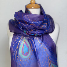 Load image into Gallery viewer, Peacock Feathers Design Long Scarf : Hand Painted Silk in Purple Blues Copper by Designer Silk Artist
