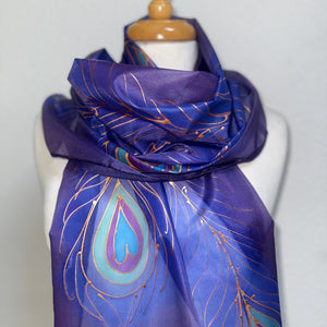 Peacock Feathers Design Long Scarf : Hand Painted Silk in Purple Blues Copper by Designer Silk Artist