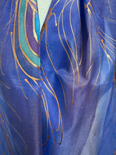 Load image into Gallery viewer, Peacock Feathers Design Long Scarf : Hand Painted Silk in Purple Blues Copper by Designer Silk Artist
