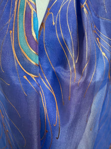 Peacock Feathers Design Long Scarf : Hand Painted Silk in Purple Blues Copper by Designer Silk Artist