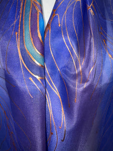 Peacock Feathers Design Long Scarf : Hand Painted Silk in Purple Blues Copper by Designer Silk Artist
