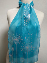 Load image into Gallery viewer, Seed Heads Butterfly Design Hand Painted Silk Neck Scarf in Light Blue, Silver
