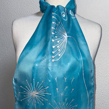 Load image into Gallery viewer, Seed Heads Butterfly Design Hand Painted Silk Neck Scarf in Light Blue, Silver
