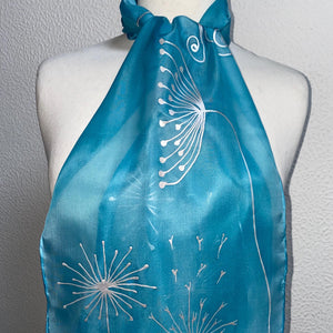 Seed Heads Butterfly Design Hand Painted Silk Neck Scarf in Light Blue, Silver