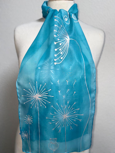 Seed Heads Butterfly Design Hand Painted Silk Neck Scarf in Light Blue, Silver