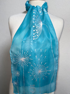 Seed Heads Butterfly Design Hand Painted Silk Neck Scarf in Light Blue, Silver