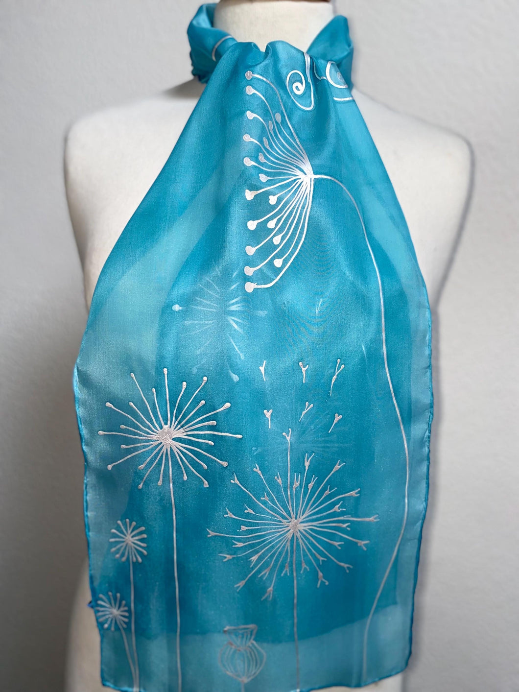 Seed Heads Butterfly Design Hand Painted Silk Neck Scarf in Light Blue, Silver