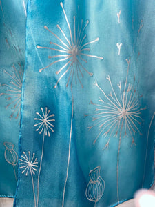 Seed Heads Butterfly Design Hand Painted Silk Neck Scarf in Light Blue, Silver